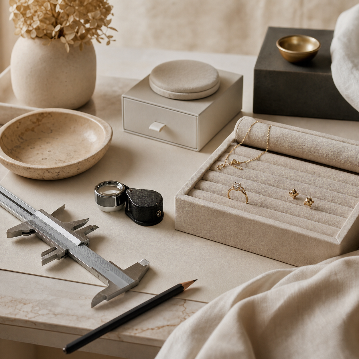 Jewellery consultation workspace with display tray and measuring tools