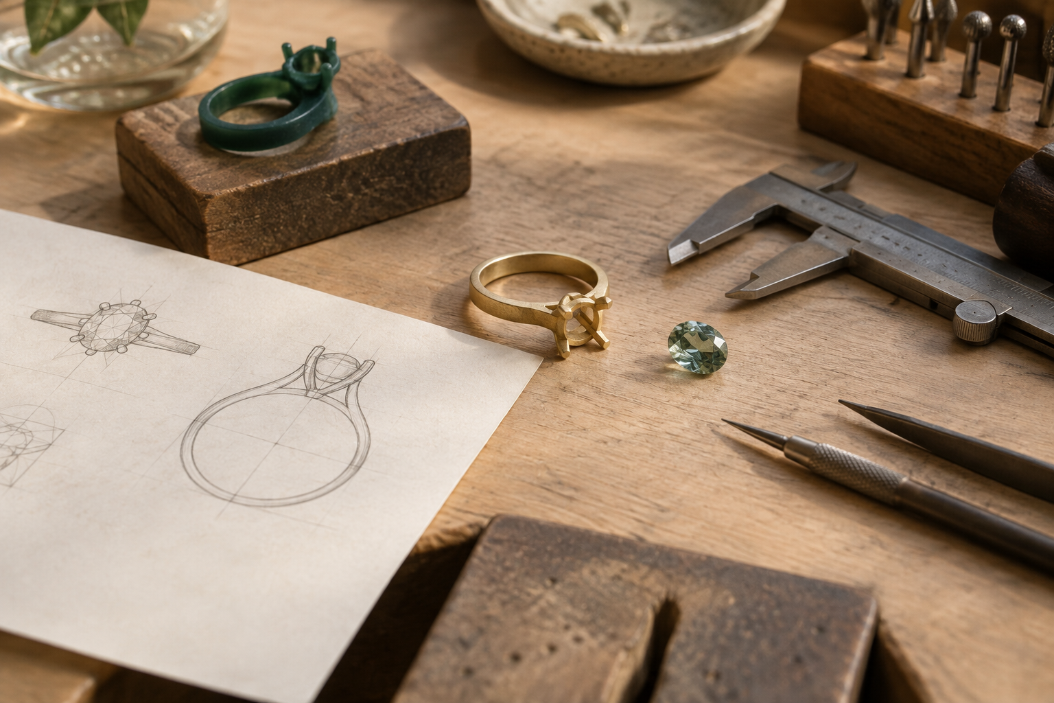 A made-to-order gold ring in progress beside a gemstone, design sketch and jeweller's tools