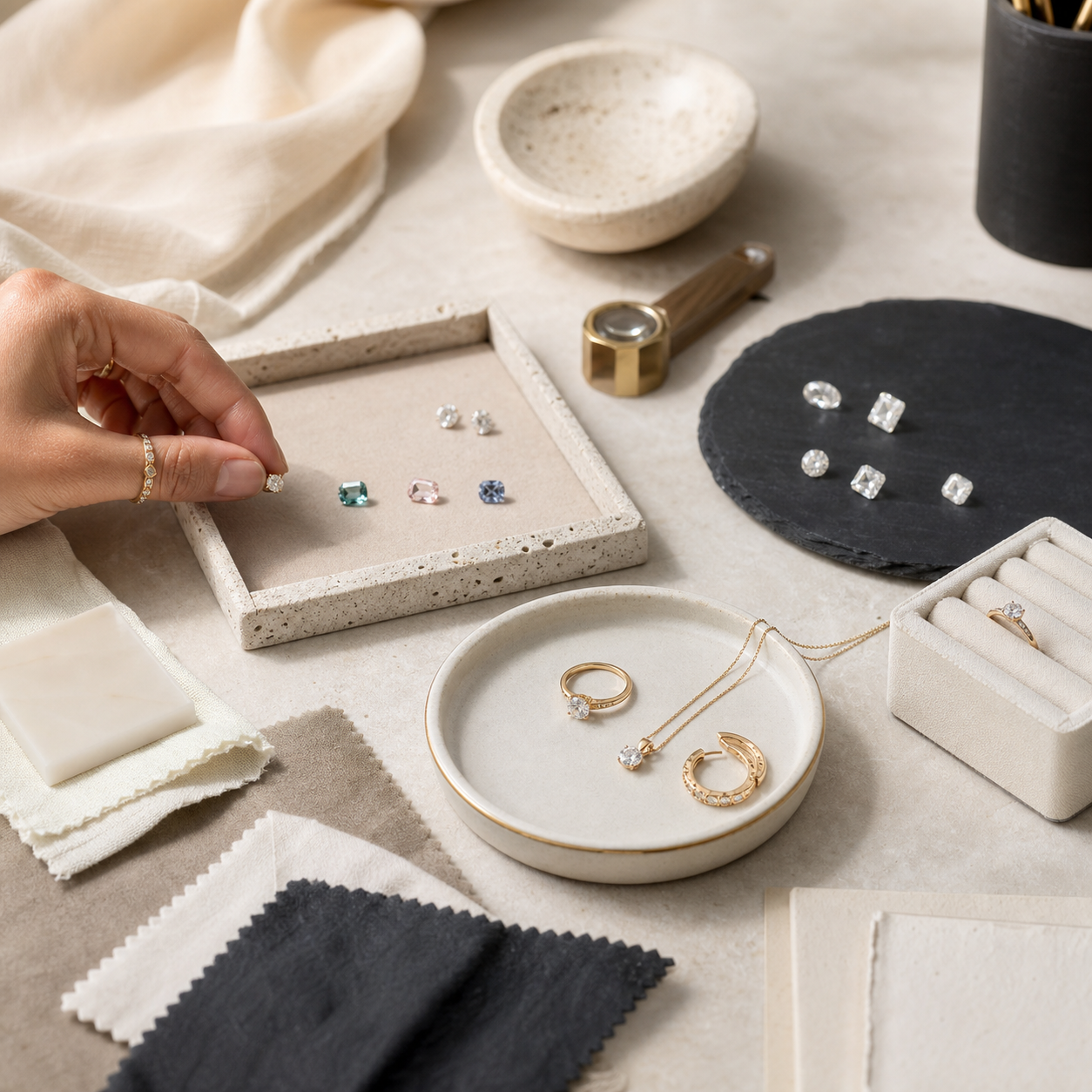 Jewellery sourcing materials arranged on a neutral tabletop