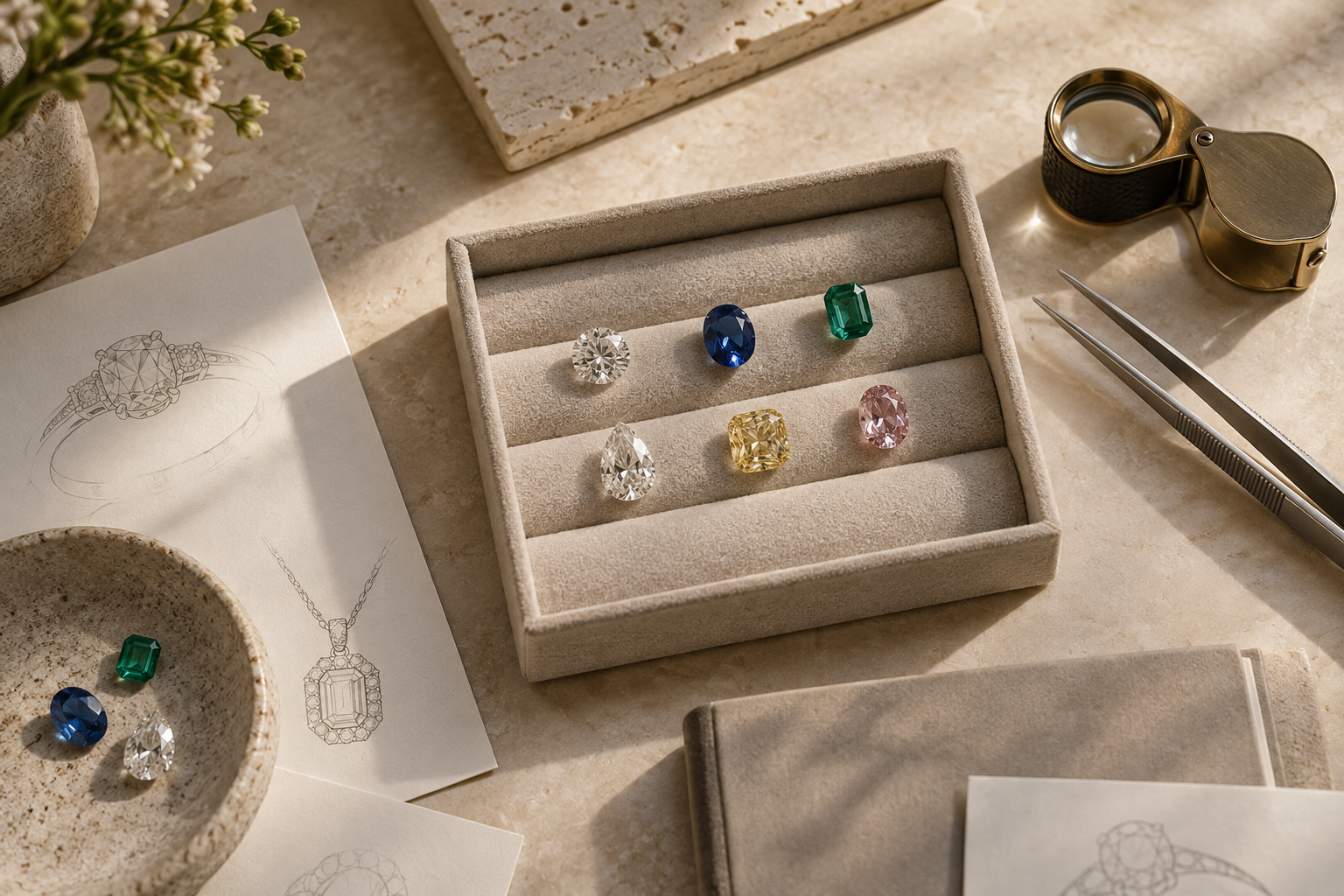 Loose diamonds and coloured gemstones arranged for a bespoke jewellery consultation