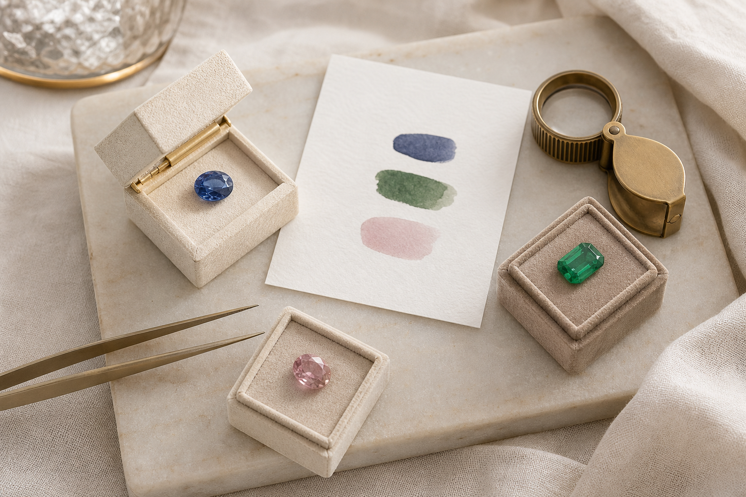 Blue, green and pink gemstones with colour swatches on a stone tray