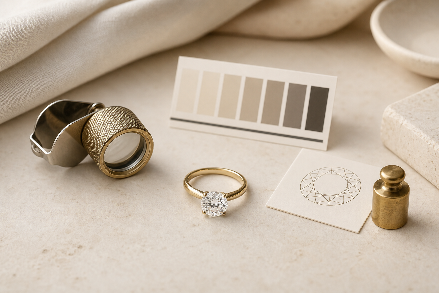 Diamond ring with loupe, grading swatches and facet diagram on warm stone