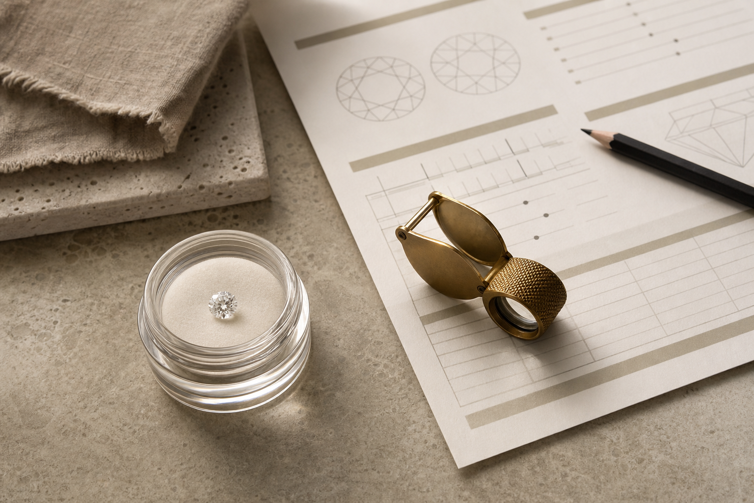 Loose diamond, loupe and abstract grading report on a stone desk