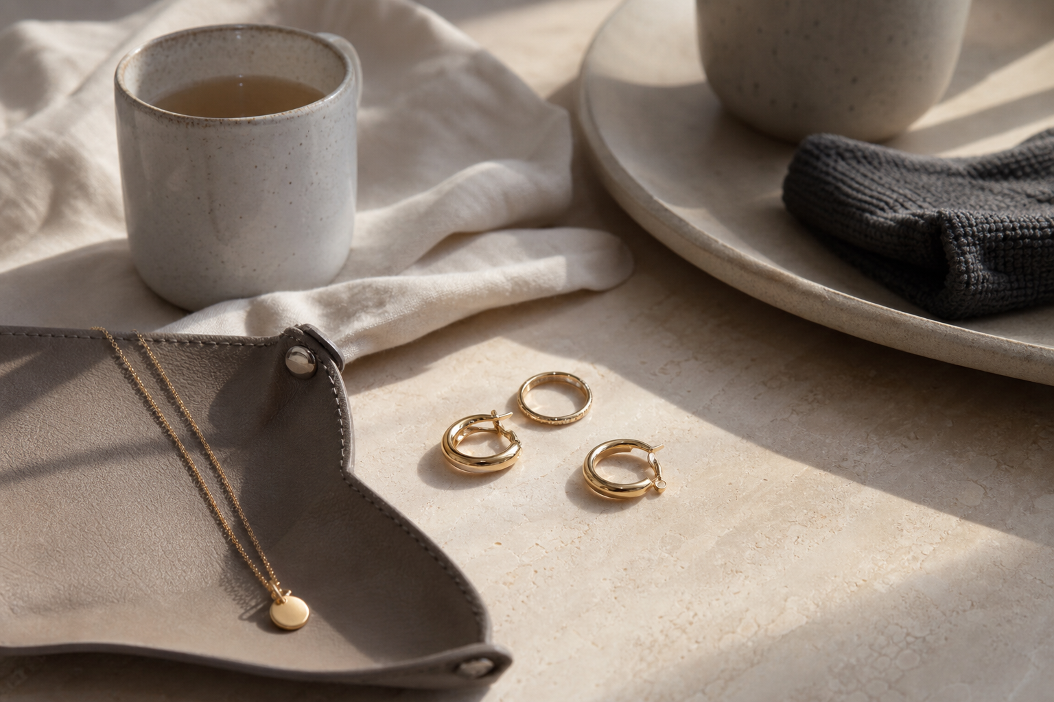 Everyday gold jewellery on a warm stone vanity with linen and ceramic pieces