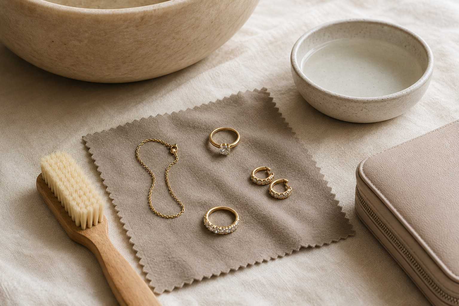 Fine jewellery arranged on a care cloth with a soft brush and ceramic dish