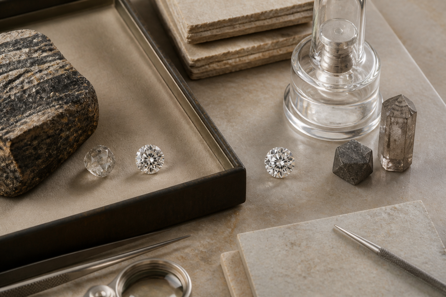 Natural rough and polished diamonds arranged with a loupe and sourcing documents