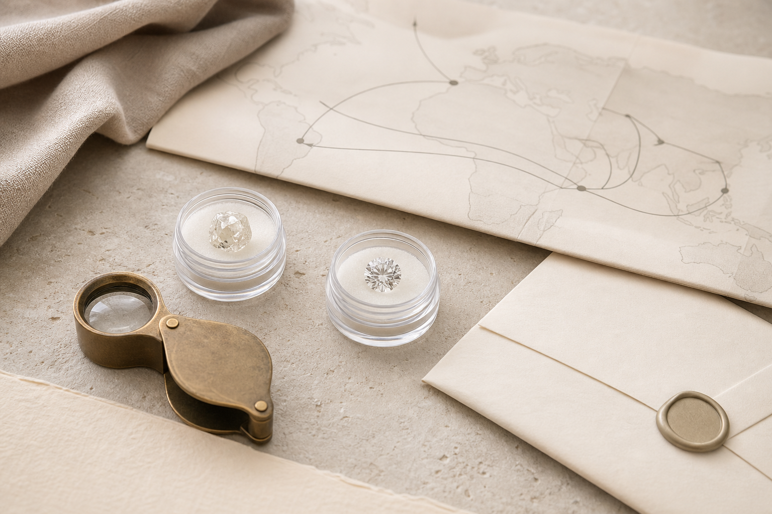 Natural rough and faceted diamonds with a loupe, map and sealed envelope