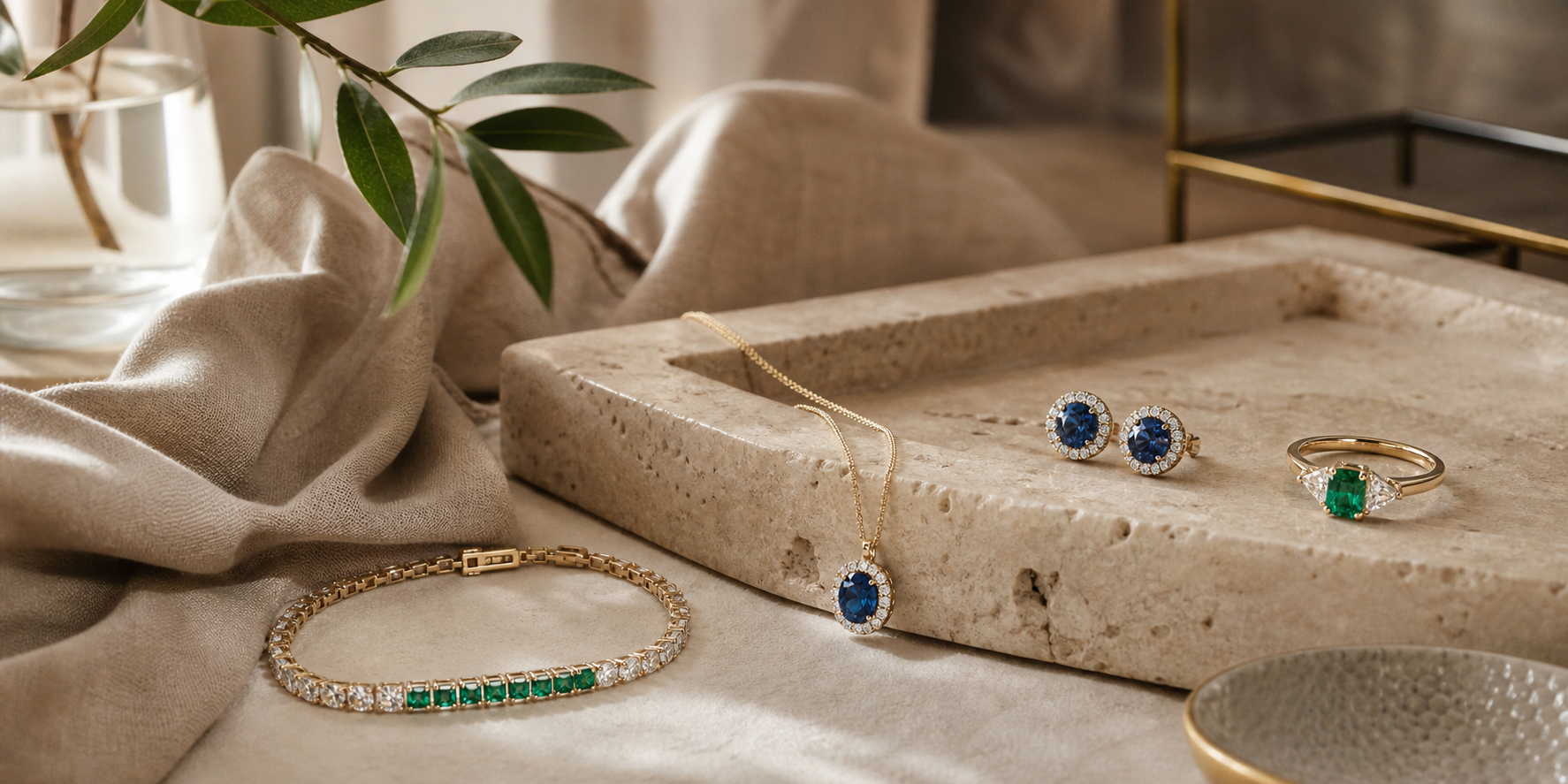 Fine diamond and coloured stone jewellery arranged on ivory linen and warm stone